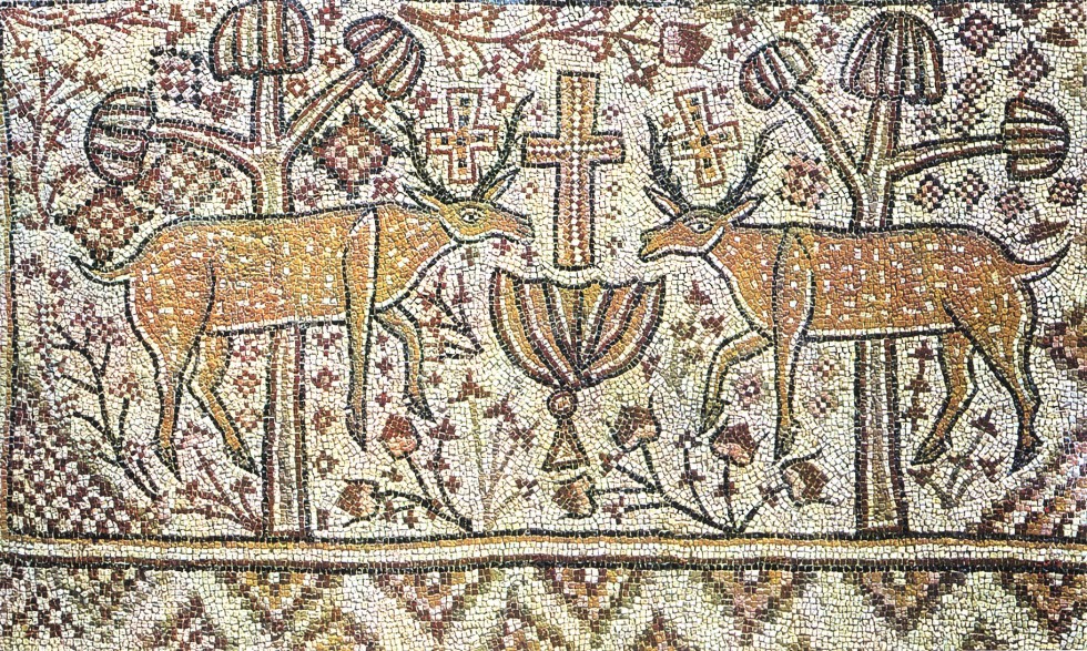 Цветн. илл. VIII. Олени, прильнувшие к источнику, символически изображают катехуменов