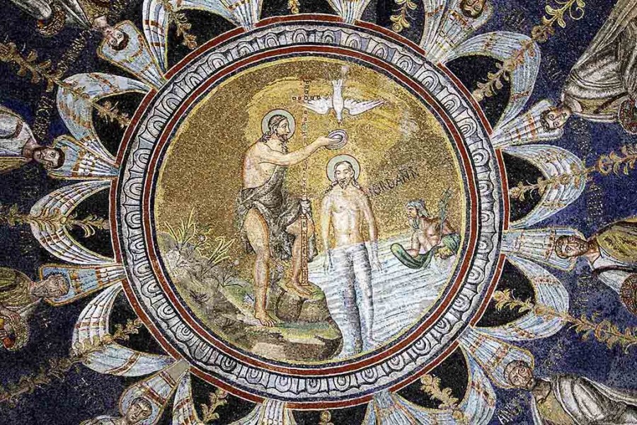 Крещение Господне. Мозаика в Баптистерии православных. Равенна, V век. Фото: Wikipedia Commons