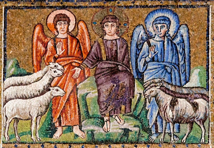 Христос разделяет овец и козлищ. Северная стена; Италия. Равенна; VI в.; местонахождение: Италия. Равенна. Базилика Сант-Аполлинаре-Нуово (итал. Basilica di Sant'Apollinare Nuovo)