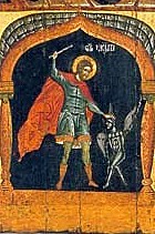 Икона из Собрания Русского Музея. Никита, побивающий беса. Тверская икона первой половины XVI века.