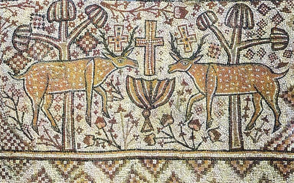 Олени, прильнувшие к источнику, символически изображают катехуменов. Мозаика церкви в Энчир Унаиси, Тунис. VI–VII вв.