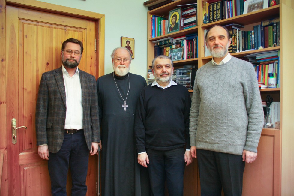 Fr Leonid Kislovsky, First Vice Rector of SFI Dmitry Gasak, SFI Professors David Gzgzyan and Aleksander Kopirovsky. Moscow, St Philaret’s Institute, 2014